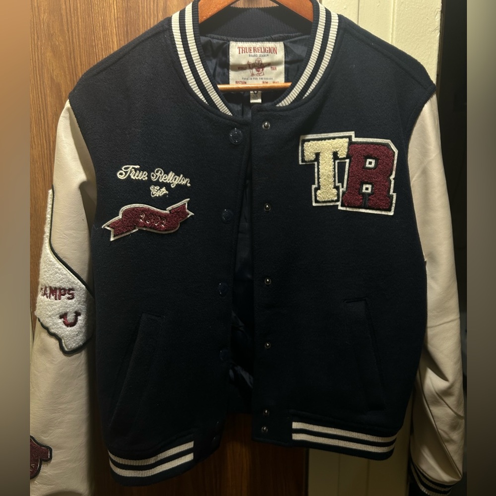 True Religion Navy and White Letterman Jacket